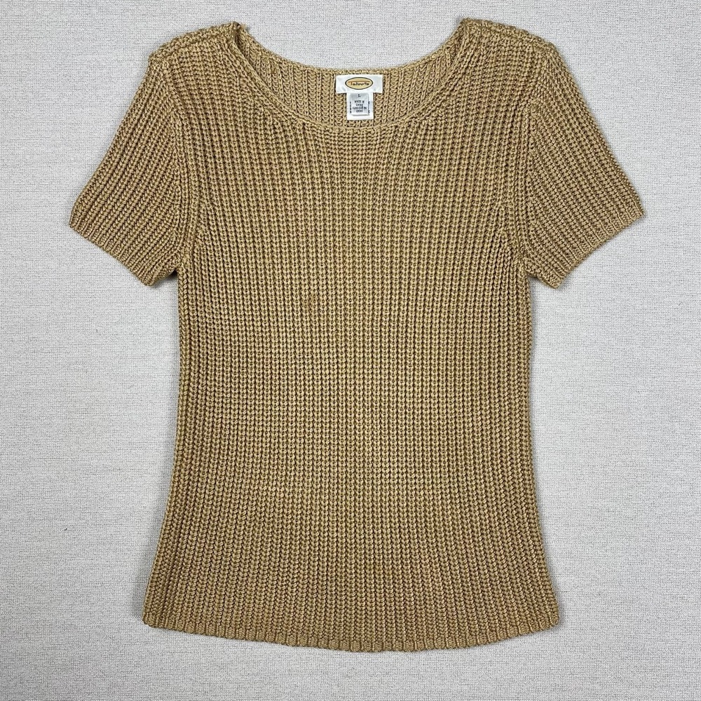 Vtg Talbots Sweater Womens M 100% Silk Short Sleeve Chunky Gold Metallic Coastal - Picture 1 of 10